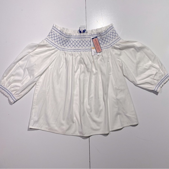 Vineyard Vines Smocked Off The Shoulder Blue Embroidered Neck Cuff Top NWT S - Picture 8 of 16